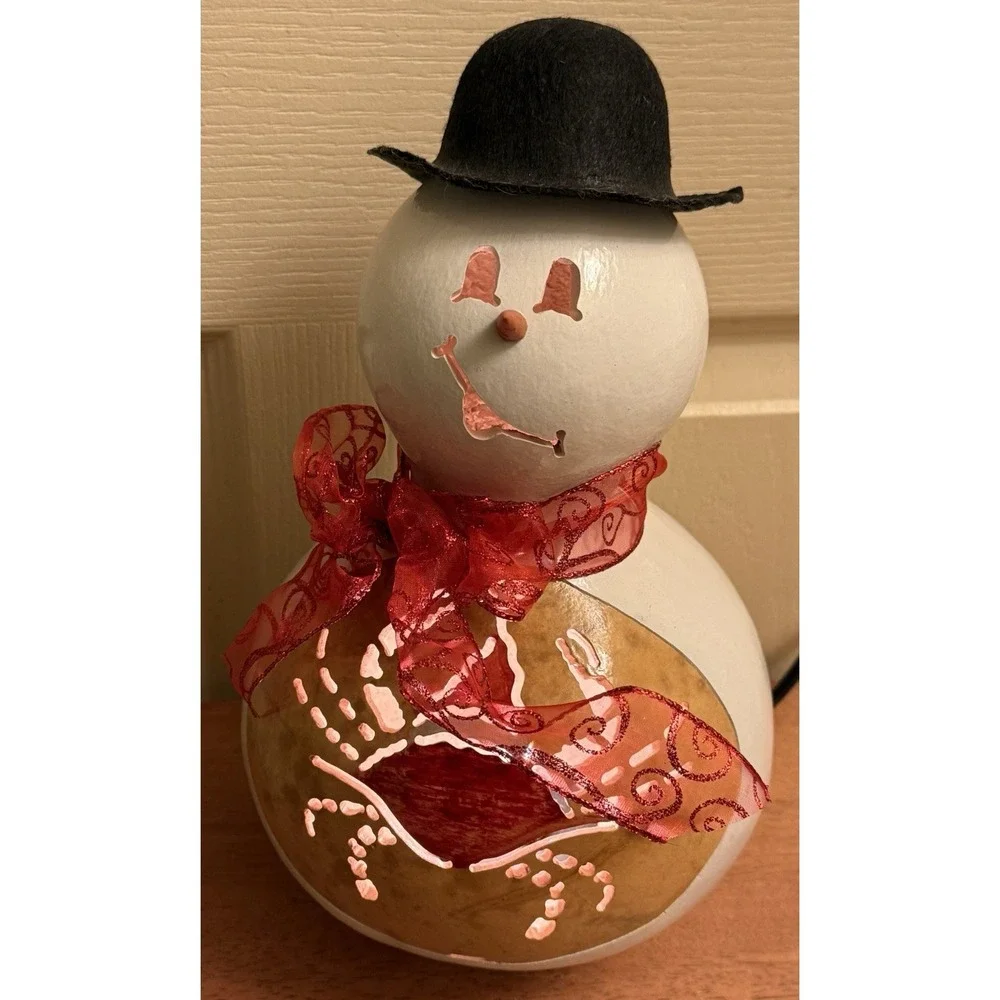 Vtg‎ Light Up Snowman Gourd W/ Crab Wearing Santa Hat Cut Out Hand Painted 12